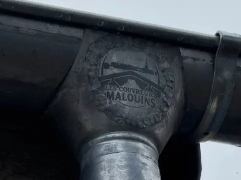 Naissance de descente en zinc avec le logo de l'entreprise repoussé dans le métal