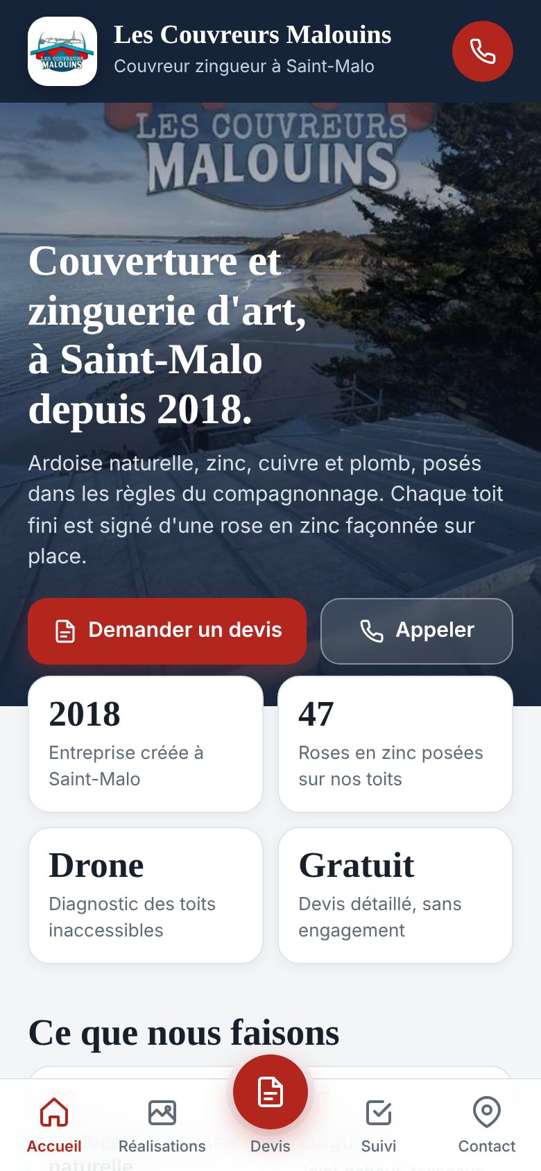 Écran d'accueil de l'appli Les Couvreurs Malouins : demande de devis, appel, réalisations