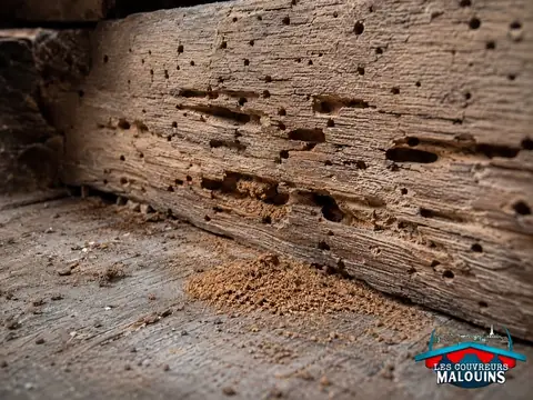 Poutre de charpente criblée de trous de sortie et de galeries d'insectes xylophages, avec un tas de vermoulure au sol