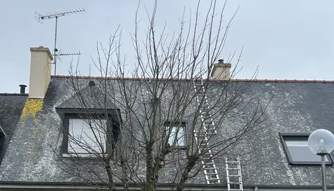Échelles de couvreur posées sur le pan en ardoise avant le traitement