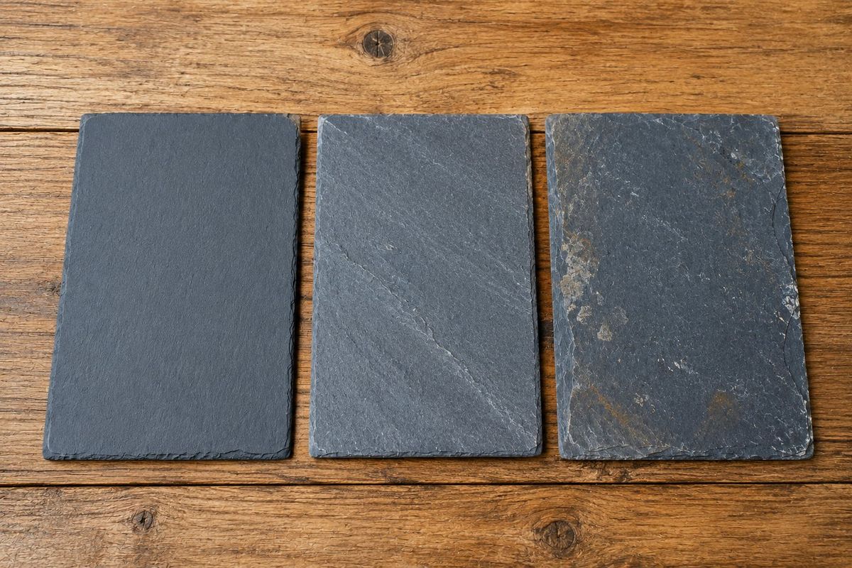 Trois échantillons d'ardoise naturelle côte à côte sur une table en bois : premier choix lisse et régulier, deuxième choix à la texture plus marquée, troisième choix avec inclusions et bords irréguliers