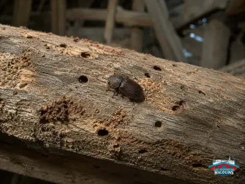 Grosse vrillette, coléoptère brun foncé, sur une poutre en chêne ancienne percée de trous de 3 à 4 mm