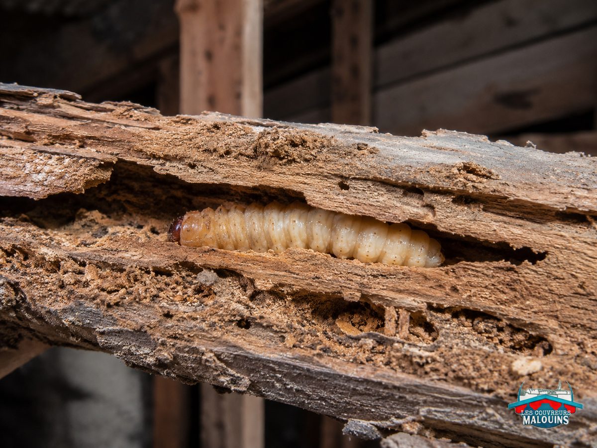 Larve de capricorne des maisons, blanche et annelée, dans sa galerie creusée dans une pièce de charpente en résineux