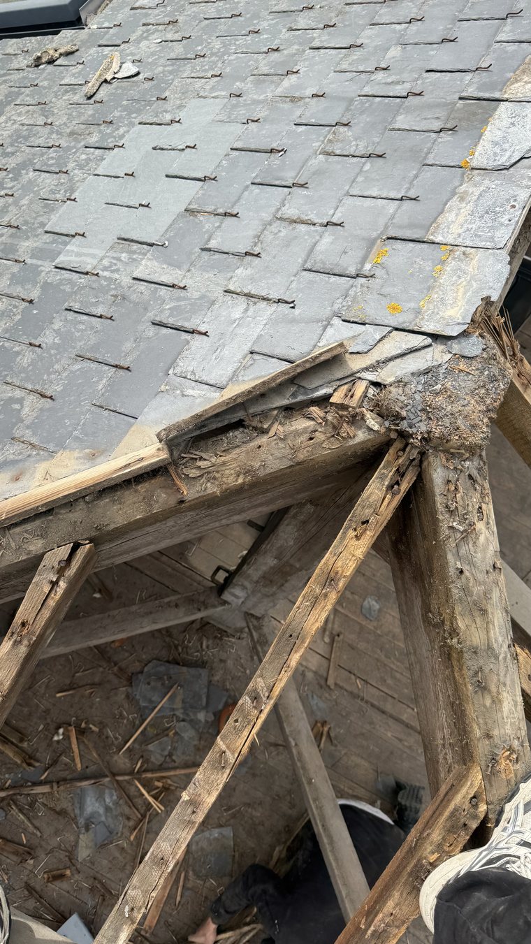 Ancienne couverture en ardoise à Saint-Malo : ardoises délavées, crochets rouillés, arêtier et charpente pourris à l'angle