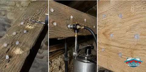 Triptyque du traitement de charpente par injection : perçage de la poutre, injection du produit sous pression, injecteurs posés en quinconce