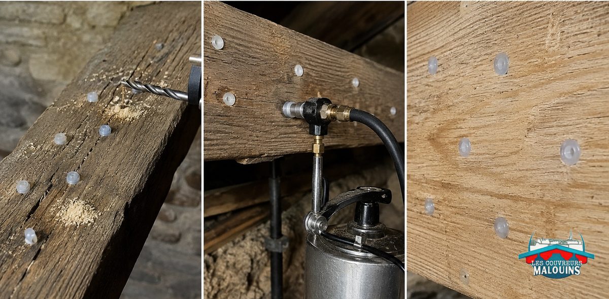 Triptyque du traitement de charpente par injection : perçage de la poutre, injection du produit sous pression, injecteurs posés en quinconce