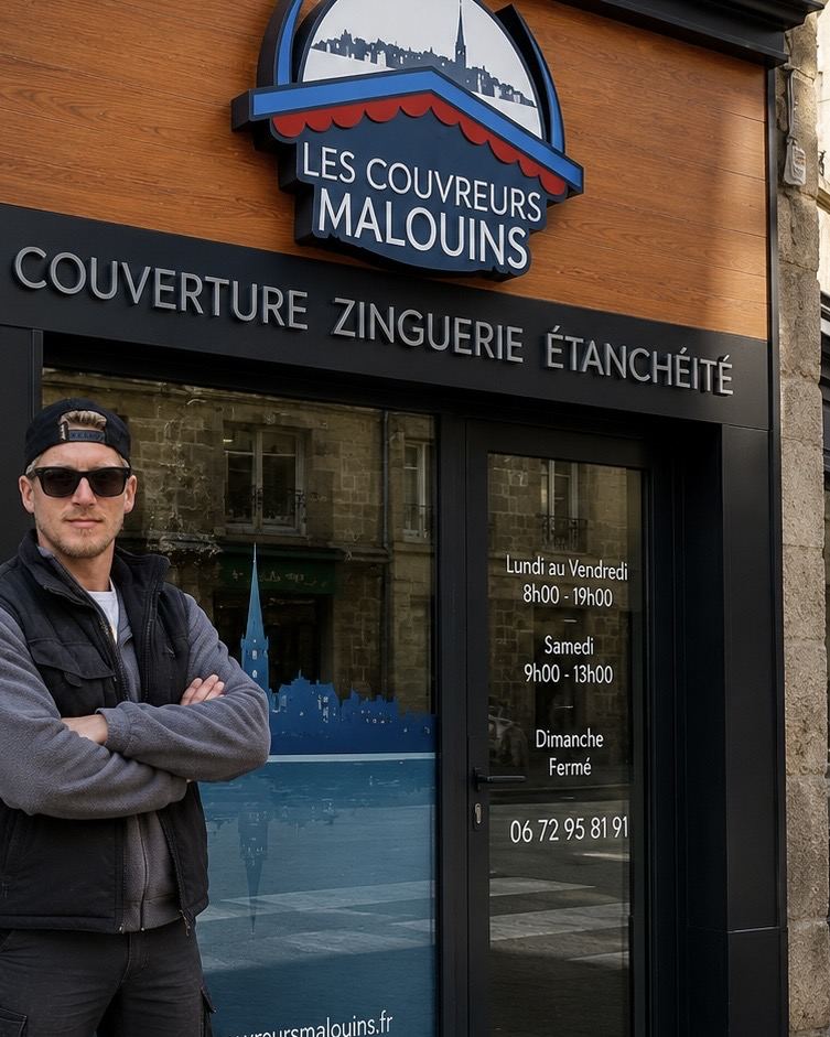 Willy Lambert devant l'enseigne Les Couvreurs Malouins, couverture, zinguerie, étanchéité, à Saint-Malo